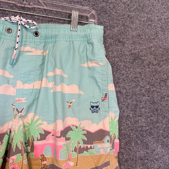 Party Pants Shorts Mens Medium Blue Drawstring All Over Print Swim Trunks Beach - Picture 4 of 8